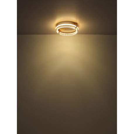 Stropné svietidlo, kov zlatej farby, hliník zlatej farby brúsený, krištále K5 číre, akryl číry, stmi 10