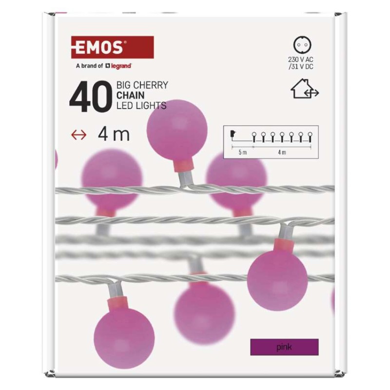 LED svetelná cherry reťaz – guličky 2,5 cm, 4 m, vonkajšia aj vnútorná, ružová, časovač 8