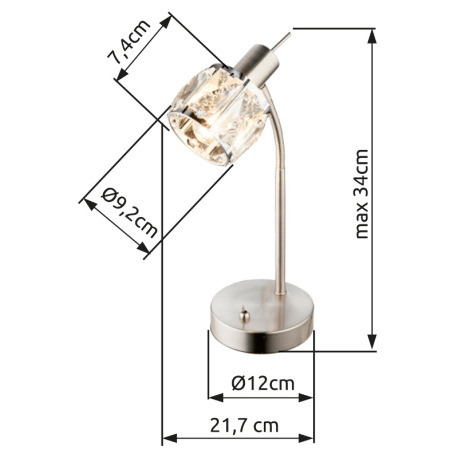 Stolová lampa, kov nikel matný, chróm, sklenený kryštál priehľadný, Flexo, vypínač, DxxV:220x34, bez 5