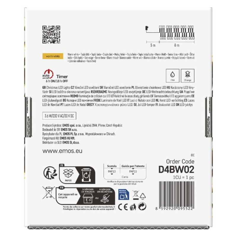 LED vianočná reťaz – ježko, 8 m, vonkajšia aj vnútorná, teplá biela, časovač 8