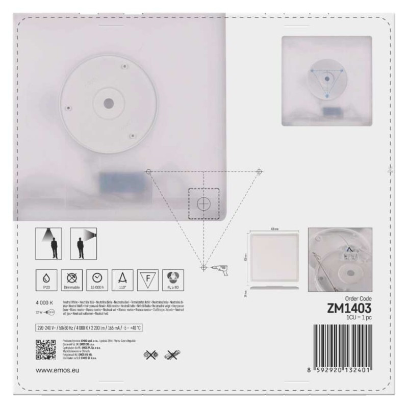 LED prisadené svietidlo FLORI štvorcový, biele, 22W, neutrálna biela 13