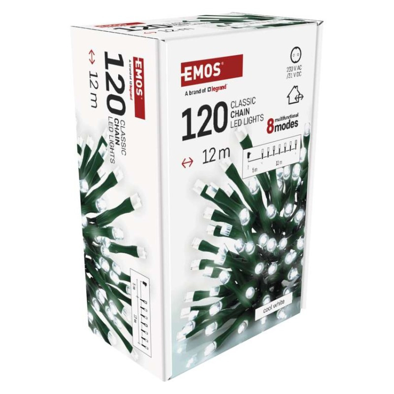 LED vianočná reťaz, 12 m, vonkajšia aj vnútorná, studená biela, programy, časovač 14