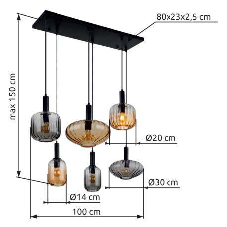 Závesné svietidlo, kov čierny matný, sklo, kábel PVC čierny, možnosť skrátenia výšky, rôzne tvary sk 14