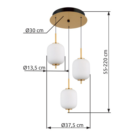 Závesné svietidlo, kov mosadznej farby, matný čierny kov, sklo biele, čierny PVC kábel, ø: 375 mm, V 7