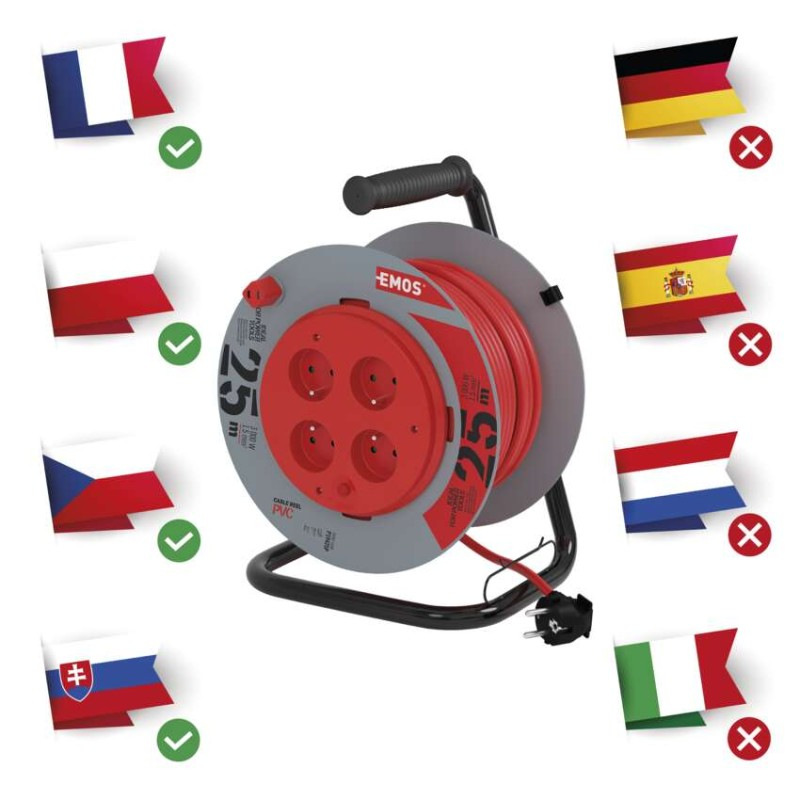 Predlžovací kábel na bubne 25 m / 4 zásuvky / červený / PVC / 230 V / 1,5 mm2 5