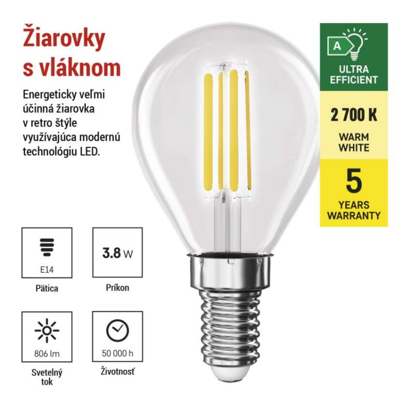 LED žiarovka Filament Mini Globe A CLASS / E14 / 3,8 W (60 W) / 806 lm / teplá biela 2