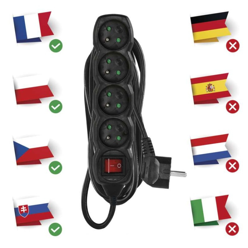 Predlžovací kábel 5 m / 4 zásuvky / s vypínačom / čierny / PVC / 1,5 mm2 1