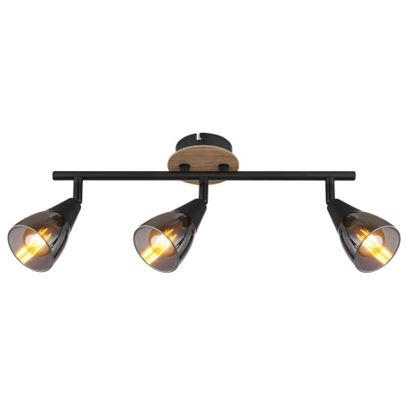 Stropné svietidlo, bodové, kov čierny matný, drevo hnedé, sklo dymové, DxŠxV: 420x100x195mm, bez žia 3