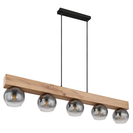 Závesné svietidlo kov čierny matný, MDF imitácia dreva, sklo dymové, číre, textilný kábel čierny, vý 3