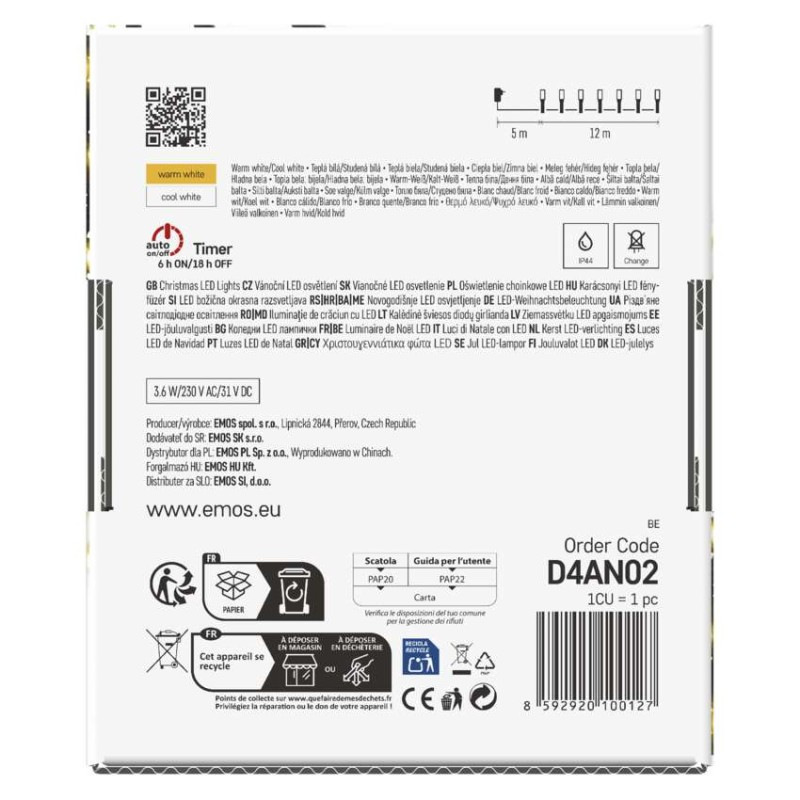 LED vianočná reťaz blikajúca, 12 m, vonkajšia aj vnútorná, teplá/studená biela, časovač 8