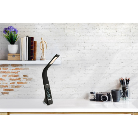 Stolová lampa, plast, čierna, chróm, s hodinami a budíkom, flexo, zmena farby svetla, CCT 3000-4500- 6