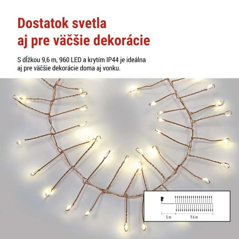 LED nano reťaz na cievke, medená, 9,6 m, teplá biela, časovač 2