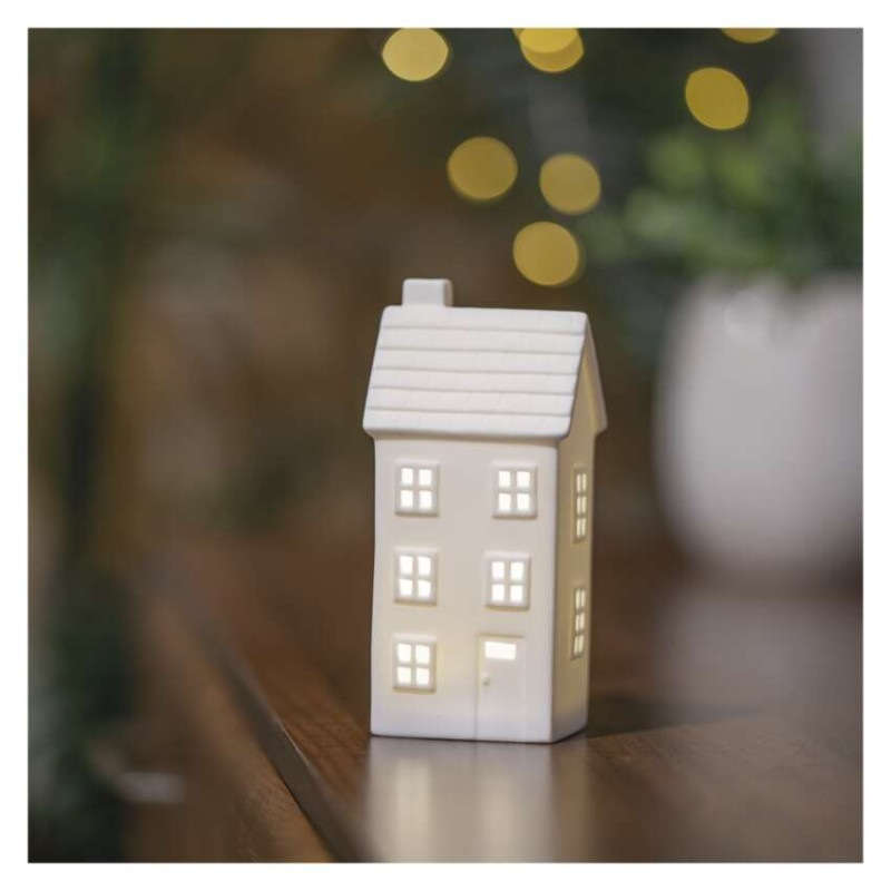 LED keramický domček, 16 cm, 1x CR2032, vnútorná, teplá biela, časovač 4