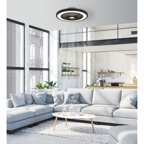 Stropný ventilátor, kov čierny, plast čierny/biely/priehľadný, stmievateľné, niekoľko úrovní pomocou 17