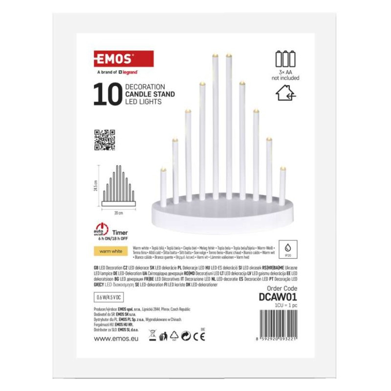 LED svietnik biely, 24,5 cm, 3x AA, vnútorný, teplá biela, časovač 7