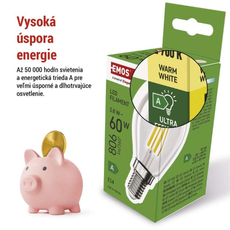 LED žiarovka Filament Mini Globe A CLASS / E14 / 3,8 W (60 W) / 806 lm / teplá biela 3