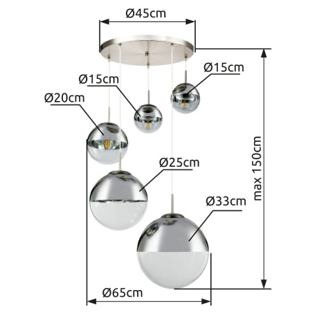 Závesné svietidlo, kov nikel matný, sklo priehľadné chróm, 5 gúľ s priemerom: 2x15-20-25-33 cm, Ø650 9