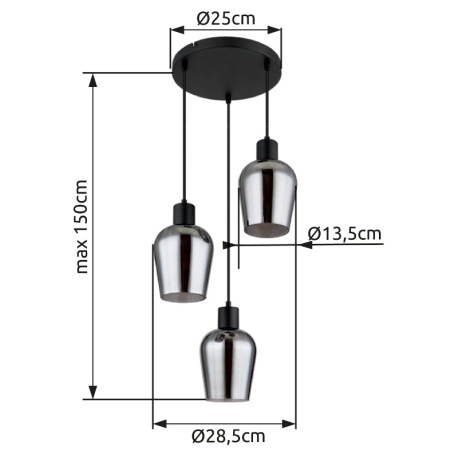 Závesné svietidlo, kov čierny, sklo dymovej farby, kábel PVC čierny, výškovo nastaviteľné, ø: 285mm, 10