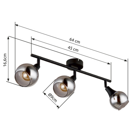 Stropné svietidlo, čierny kov, sklo dymovej farby, DxŠxV: 450x90x166mm, bez žiaroviek 3xE14, max. 40 8