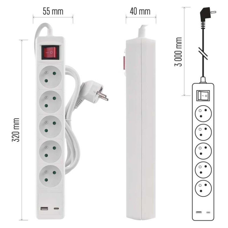 Predlžovací kábel 3 m / 5 zásuvky / s vypínačom / biely / 1×USB-A + 1×USB-C / 1,5 mm2 9