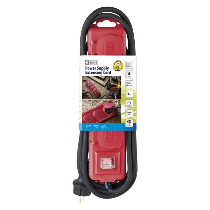 Predlžovací kábel 3 m / 4 zásuvky / s vypínačom / čierno-červený / guma-neoprén / 1,5 mm2 1