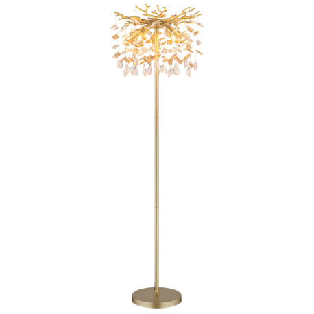 Stojacia lampa, kov matnej zlatej farby, jantárové a číre sklenené kryštály, PVC kábel, nožný spínač