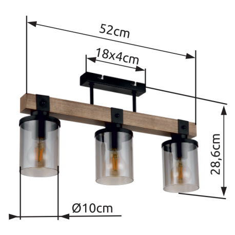 Stropné svietidlo kov čierny matný, drevo tmavohnedé, sklo dymové, kábel PVC čierny, DxŠxV: 520x100x 20