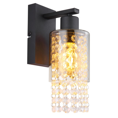 Nástenné svietidlo kov čierny matný, sklo dymové, sklenené kryštály číre, smer svetla: nadol, ŠxV: 1