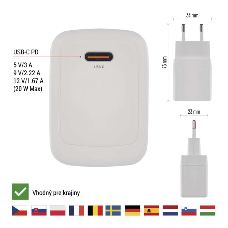 Univerzálny USB adaptér GaN do siete PD 20 W max. 3