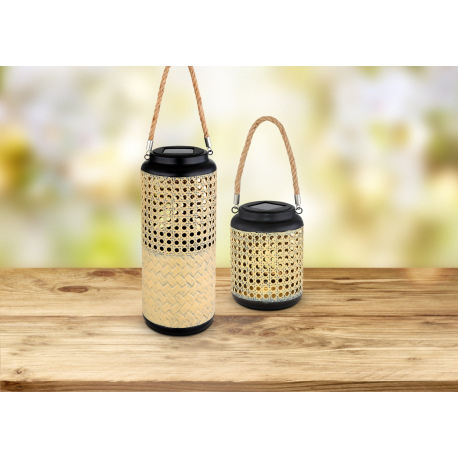 Solárne svietidlo, kov, bambus hnedý, kov čierny, lampáš v bambusovom vzhľade na zavesenie alebo stá 1