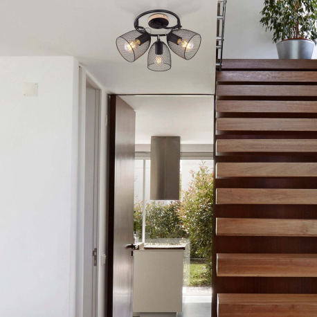 Stropné svietidlo, drevo hnedé a čierne, kov čierny, mriežkované kovové tienidlo, Ø250, V:260, bez ž 8