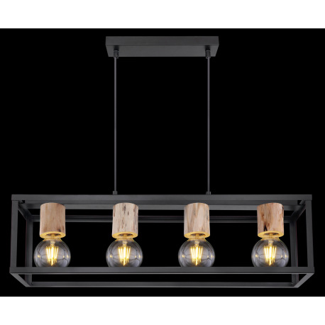 Závesné svietidlo, kov čierny matný, drevo, DxŠxV: 750x200x1200, bez žiaroviek 4xE27, max. 60W 230V 5