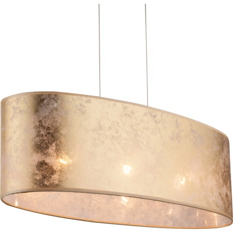 Závesné svietidlo, kov nikel matný, plast, textil zlatý, satinovaný akryl, výška tienidla 20 cm, DxŠ 9