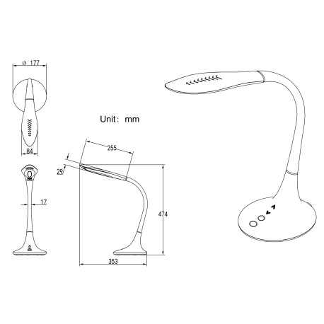 Stolová lampa, plast čierny, kov čierny, plast, Flexo, dotykový vypínač on/off, stmievateľné, dotyko 16