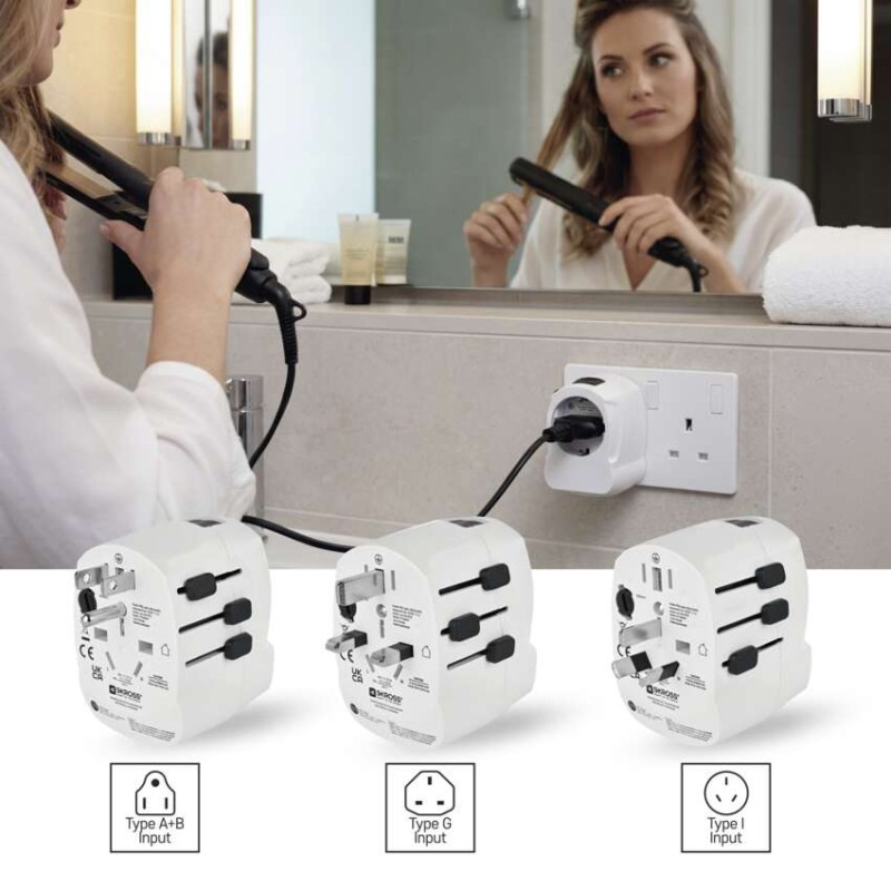 Cestovný univerzálny adaptér do zahraničia (USA, Ázia, Afrika), 1×USB-C, 1×USB-A 1