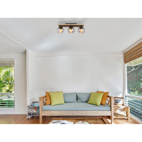 Stropné svietidlo, čierny matný kov, tmavohnedé drevo, sklo dymovej farby, DxŠxV: 600x150x205mm, bez 11