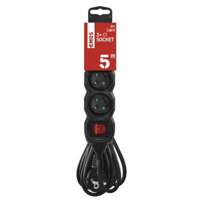 Predlžovací kábel 5 m / 3 zásuvky / s vypínačom / čierny / PVC / 1,5 mm2