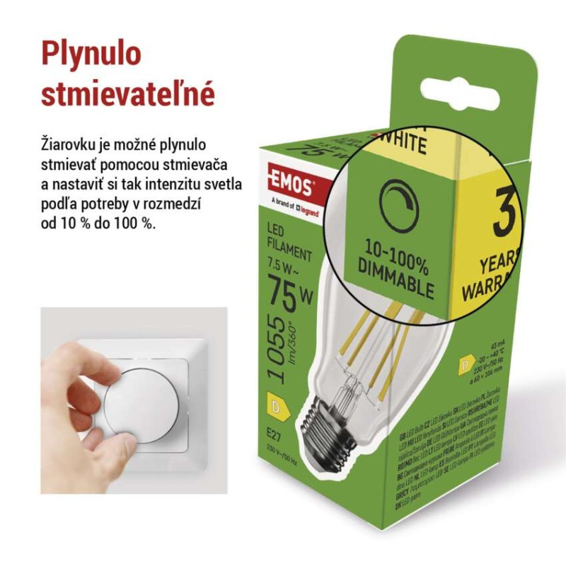 LED žiarovka Filament A60/ E27 / 7,5 W (75 W) / 1 055 lm / teplá biela / stmievateľné 3
