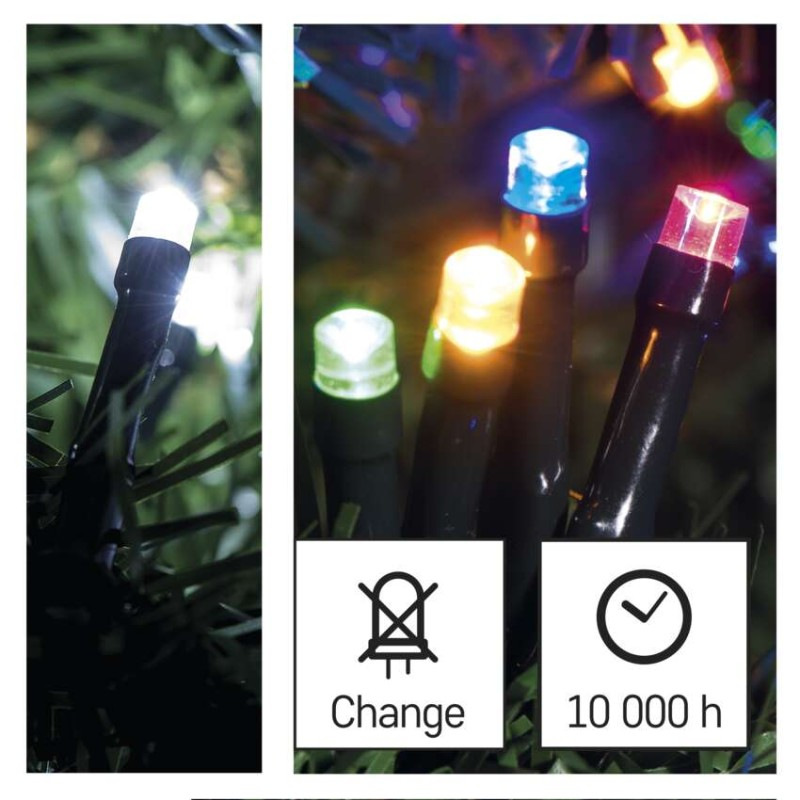 LED vianočná reťaz 2v1, 10 m, vonkajšia aj vnútorná, studená biela/multicolor, programy 7