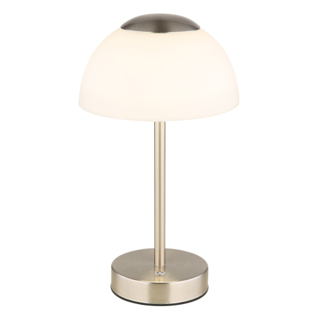 Nabíjateľná stolová lampa, kov nikel matný, sklo biele, dotykové zapnutie/vypnutie, plynulá reguláci