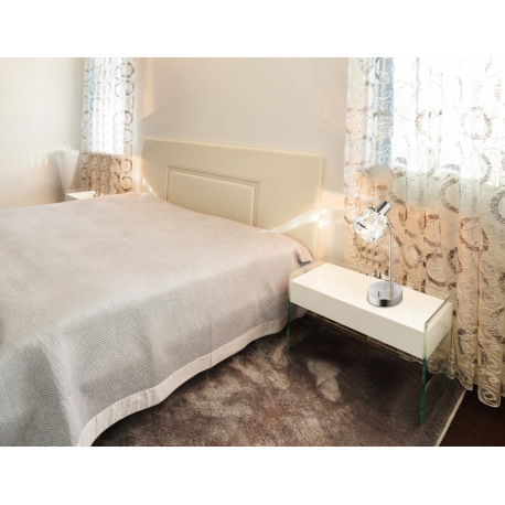 Stolová lampa, kov nikel matný, chróm, sklenený kryštál priehľadný, Flexo, vypínač, DxxV:220x34, bez 7