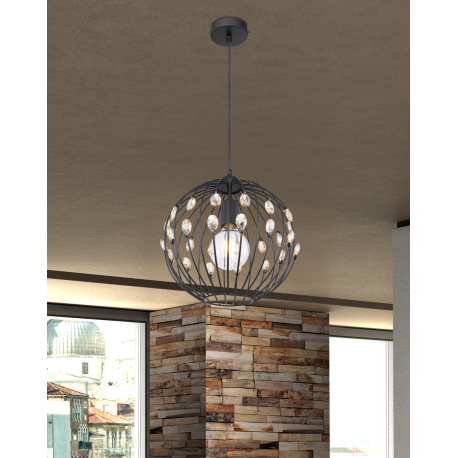 Závesné svietidlo, kov čierny matný, krištále K9 jantárové, textilný kábel čierny, Ø:300, V:1200, be 1