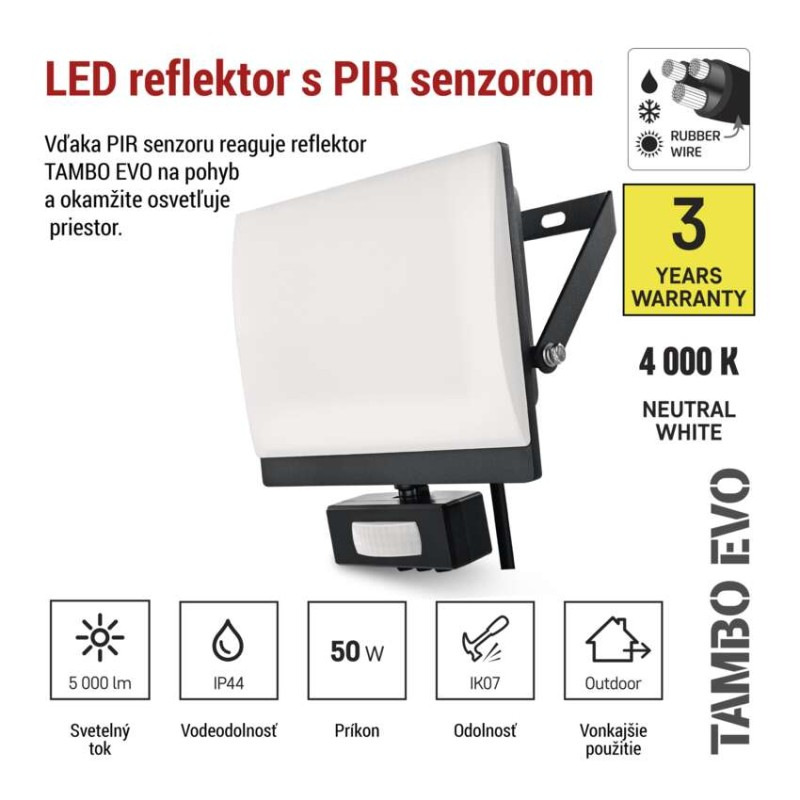 LED reflektor TAMBO EVO so senzorom pohybu, 50 W, 5000 lm, IP65, čierny 5