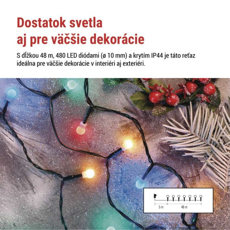 LED vianočná cherry reťaz – guličky, 48 m, vonk. aj vnútor., multicolor, programy, časovač 1