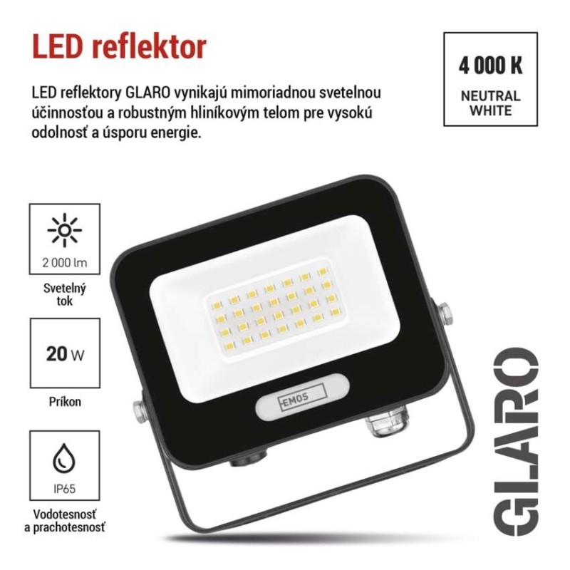 LED reflektor GLARO 20W, čierny, IP65, 2000 lm, neutrálna biela 5