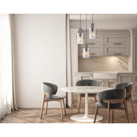 Závesné svietidlo, tmavosivý kov, dymové sklo, čierny textilný kábel, možnosť skrátenia výšky, sklo 5