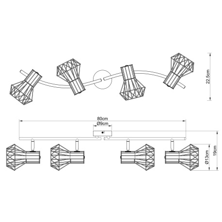 Stropné svietidlo, kov čierny, nastaviteľné, DxŠxV: 800x225x190, bez žiaroviek 4xE27, max. 40W 230V 17