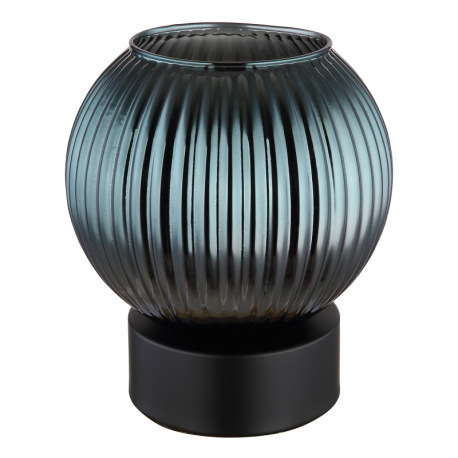 Stolové svietidlo, kov čierny matný, sklenená guľa modrá, vnútorné sklo biele, kábel PVC čierny, kol 7