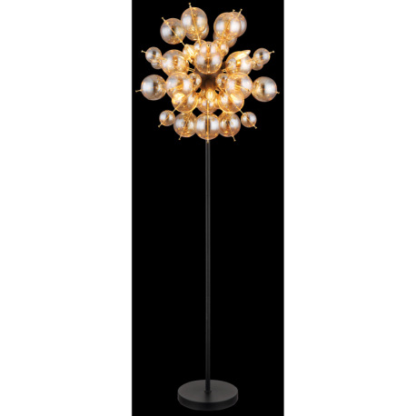 Stojanové svietidlo, kov čierny, kov zlatej farby, sklenené gule jantárové, kábel PVC čierny, vyínač 10