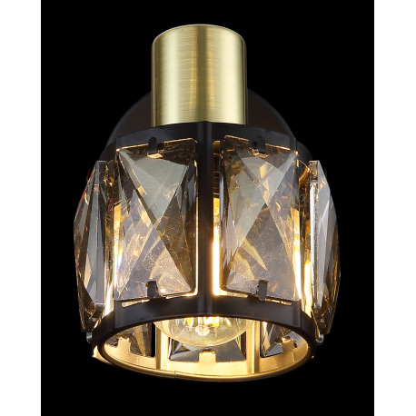 Nástenné svietidlo, kov čierny, kov zlatý, sklenené krištále dymové, s vypínačom, ŠxV:92x125mm, H: 1 5